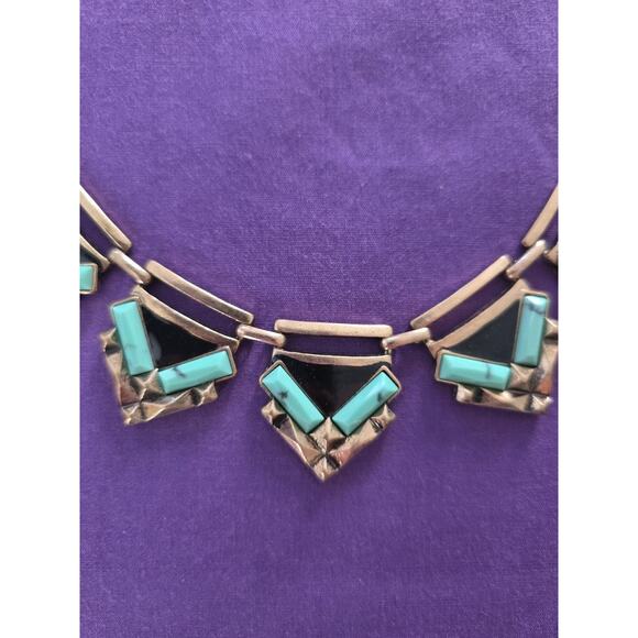 Egyptian Style Statement Necklace Gold Tone Brass Faux Turquoise Chevron Links - Picture 4 of 8